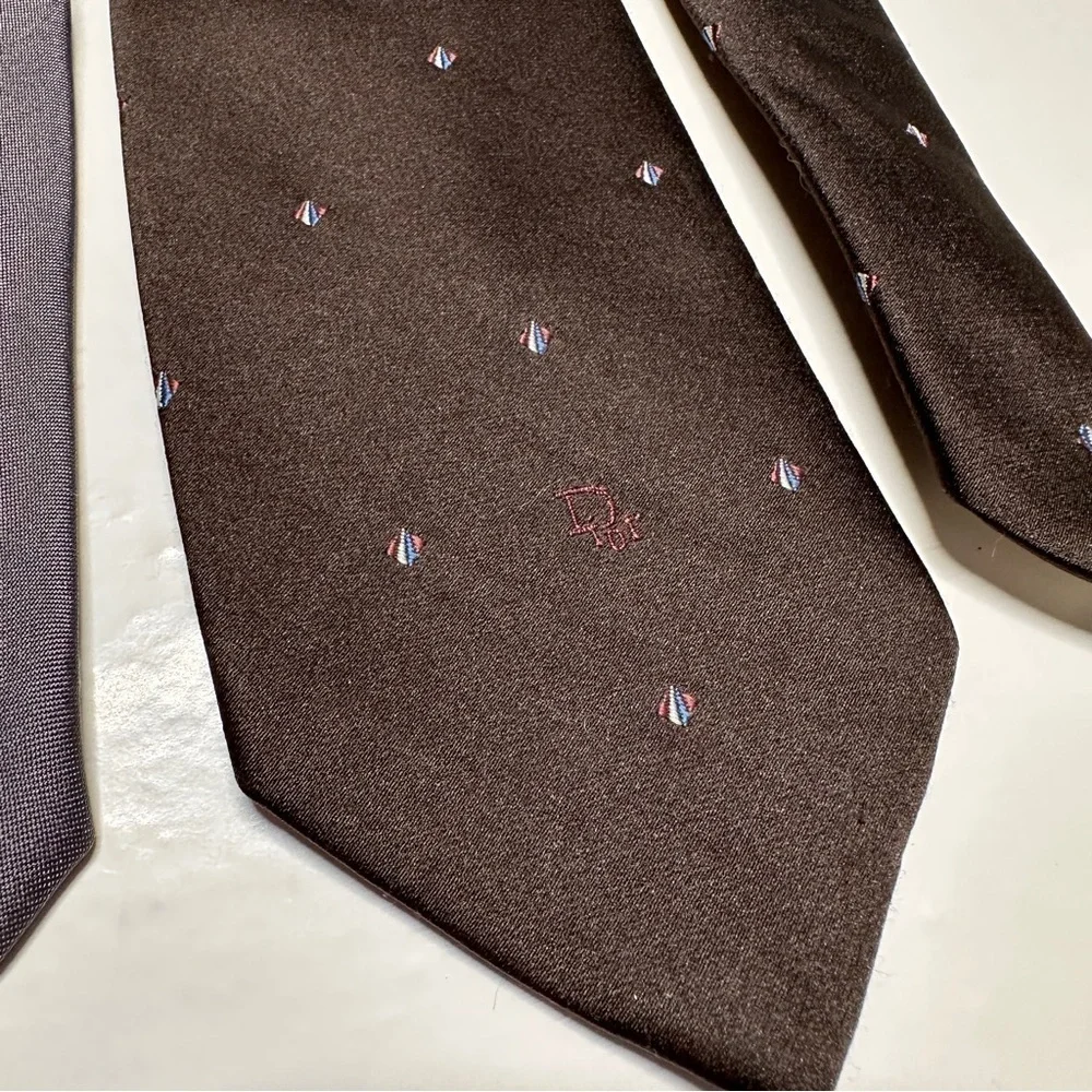 Vintage Christian Dior Necktie Mens Brown Gray Dot Lot of 2 Silk Blend Neckwear